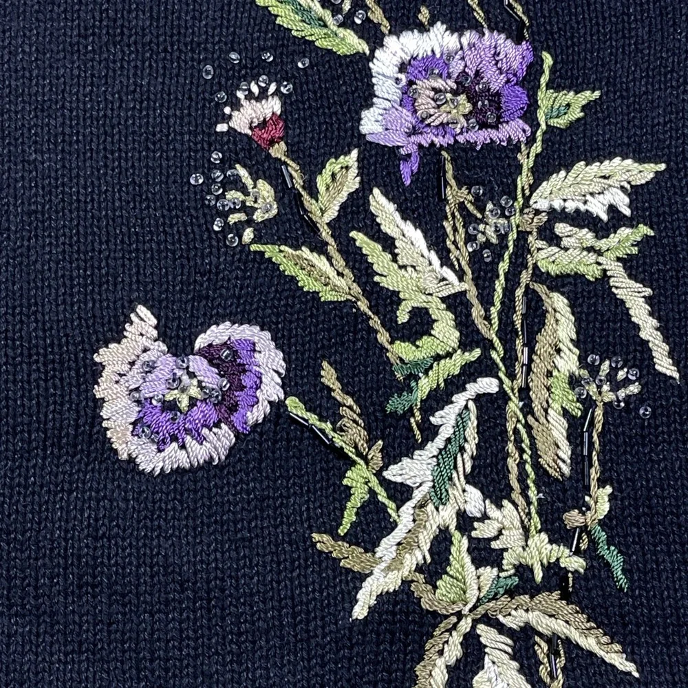 Tiara International Floral Embroidered Knit Artsy‎ Cardigan Sweater Purple Trim